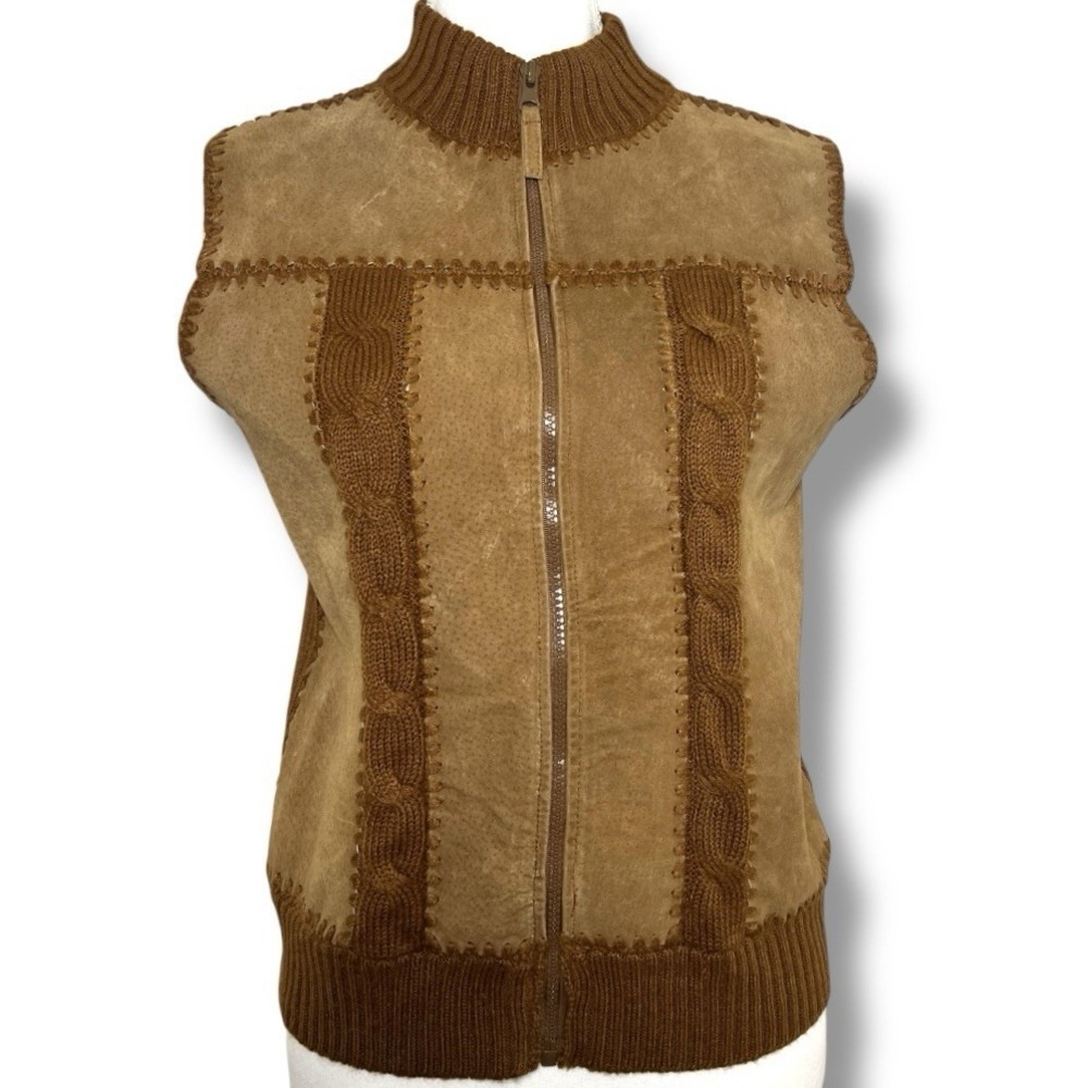 Designers Studio Originals Brown Suede Knit Vest PM Zip Front‎ Cable Trim Boho